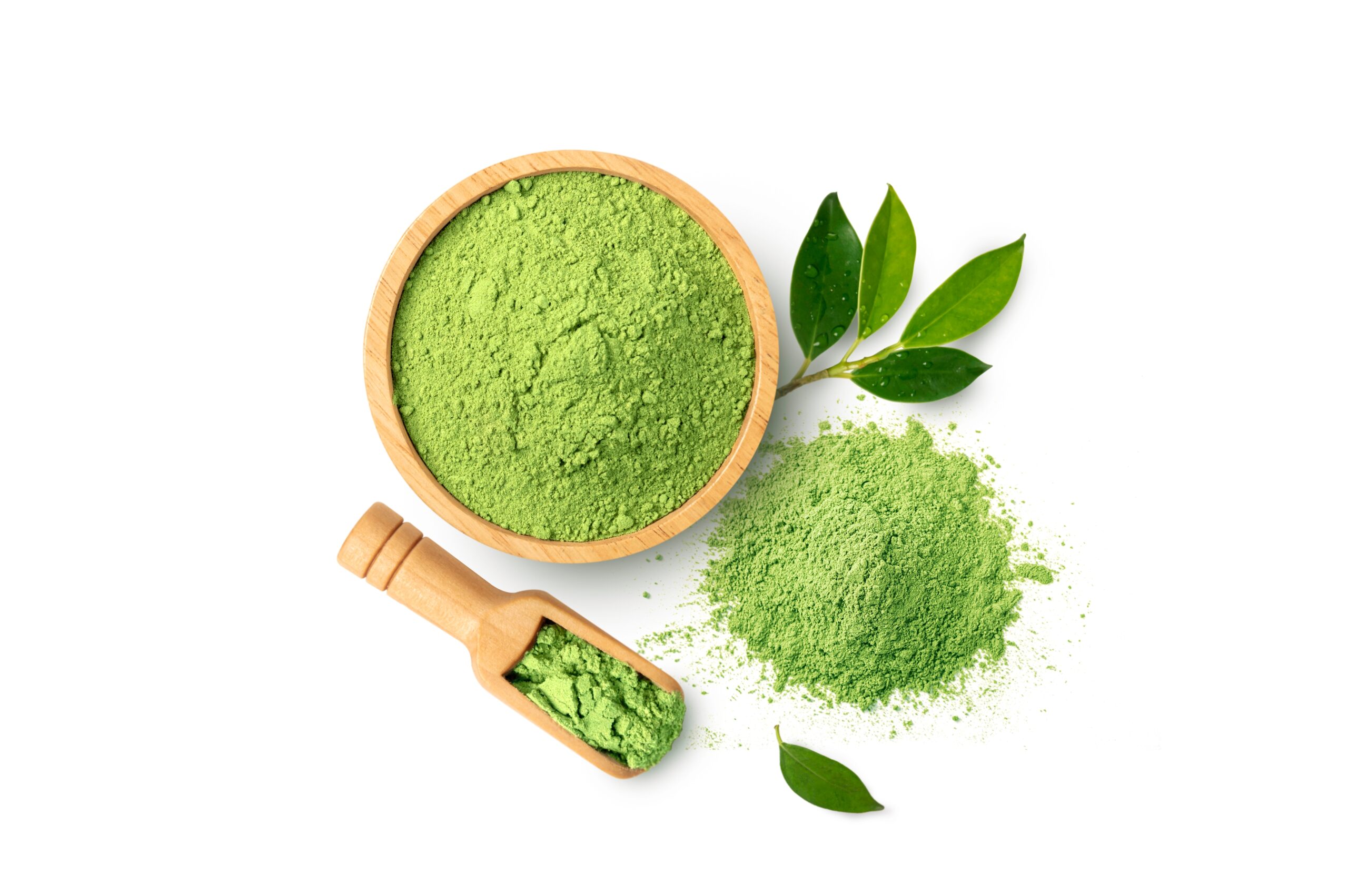 Matcha green tea powder on white background