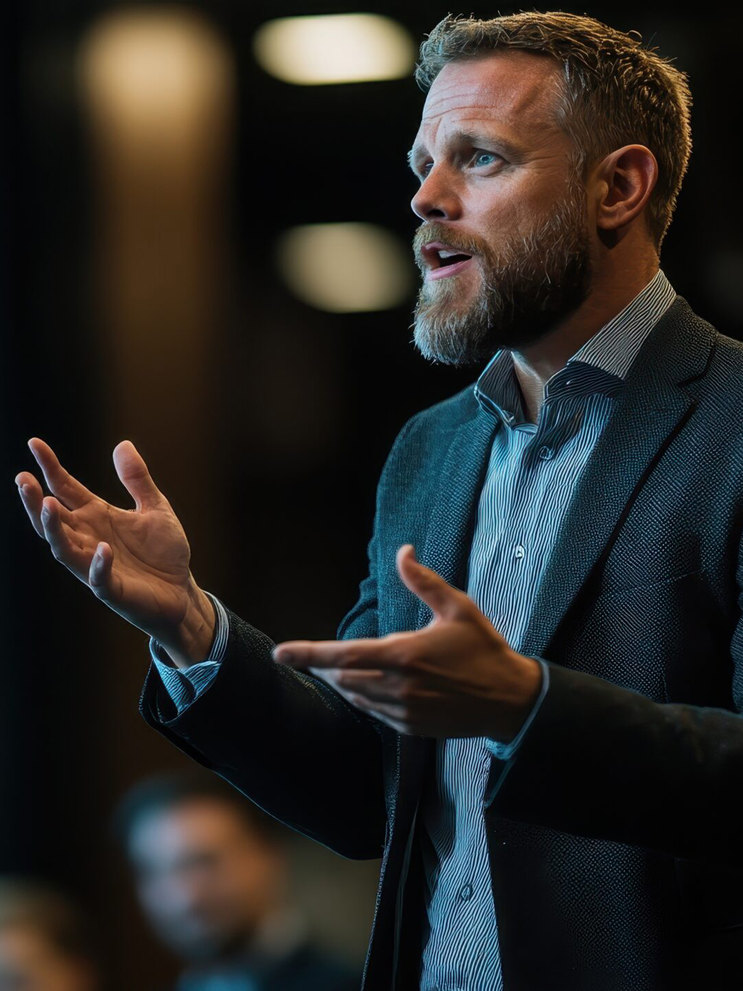 A professional speaker engaged in a technology-themed presentati Man speaking at a conference with futuristic background
